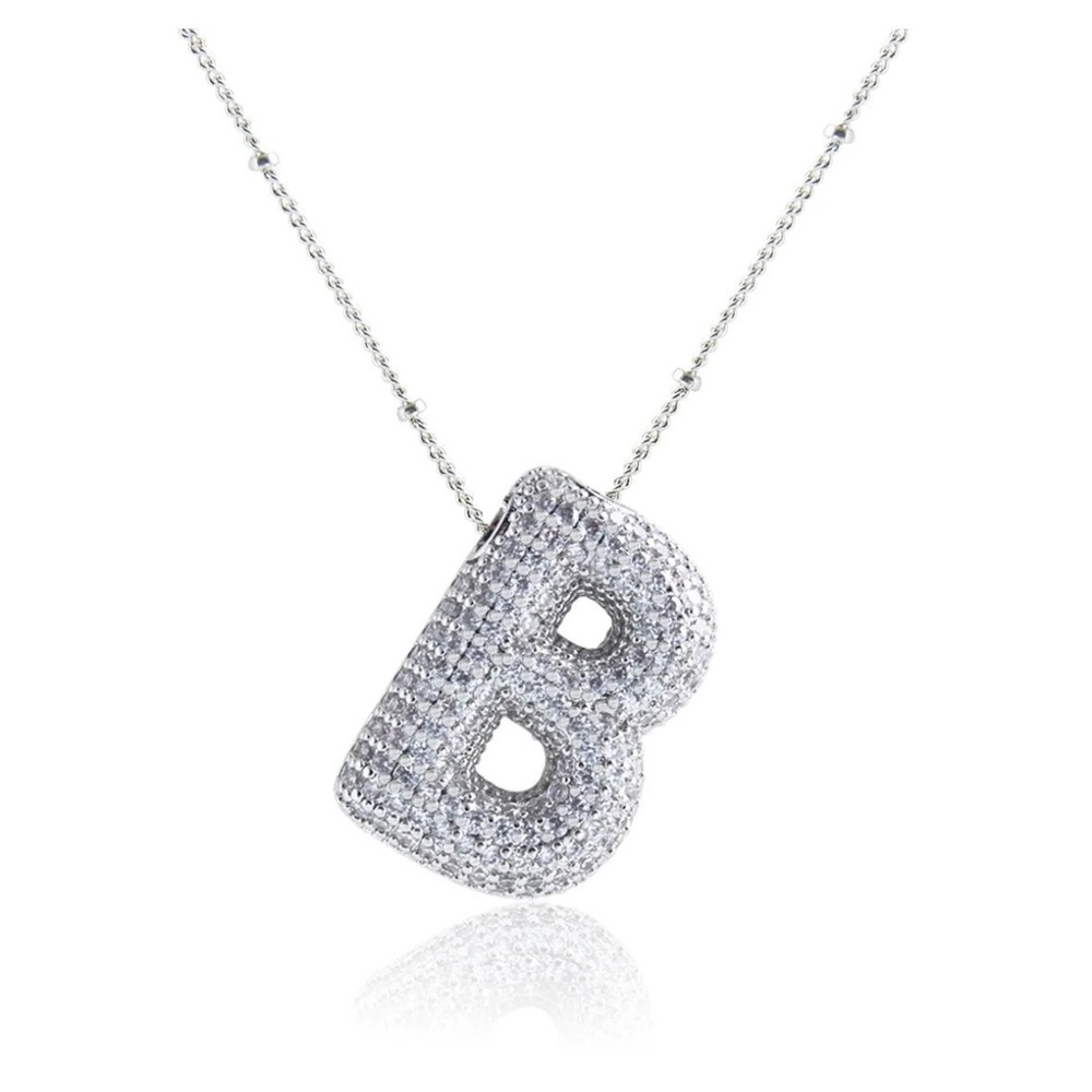 Silver Tone‎ Initial Letter B Pave Crystal Bubble Charm Pendant Necklace New